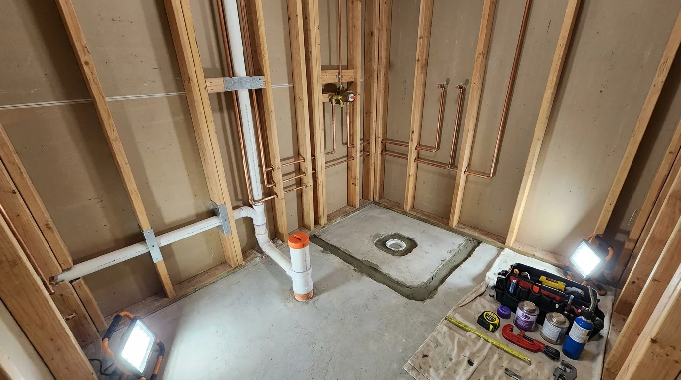Bathroom rough-in plumbing during remodel by Johns Plumbing LLC in Brockway