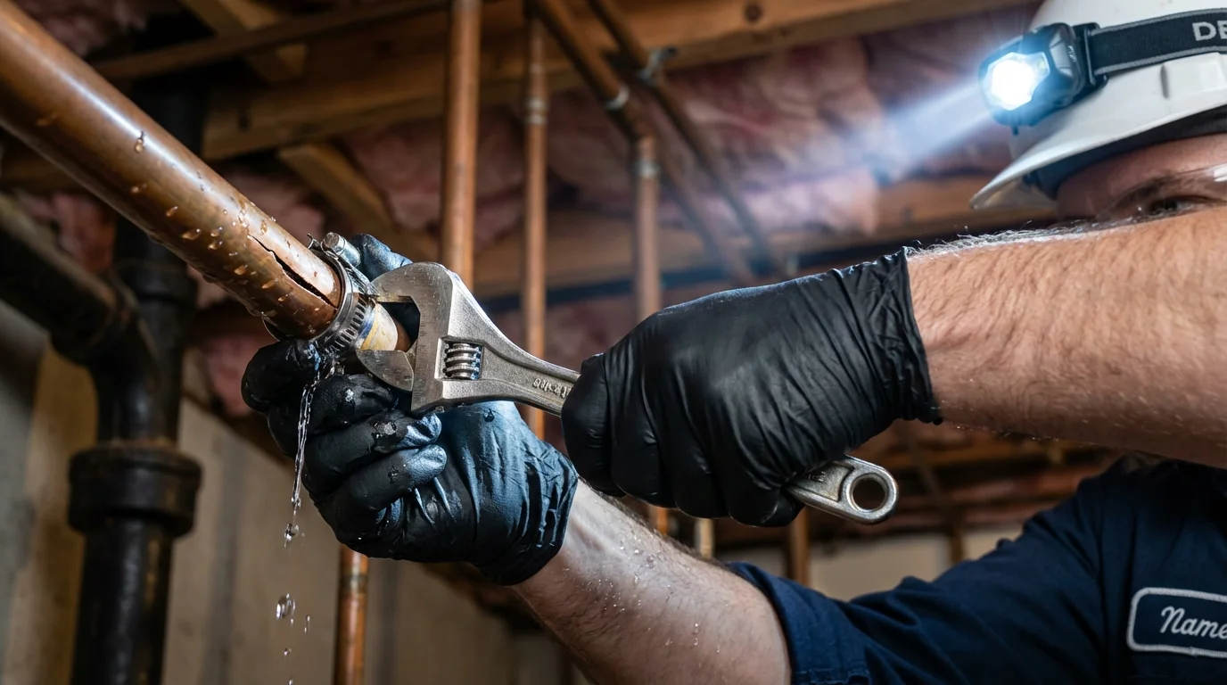 Emergency pipe clamp repair being performed by a Johns Plumbing LLC plumber in Brockway