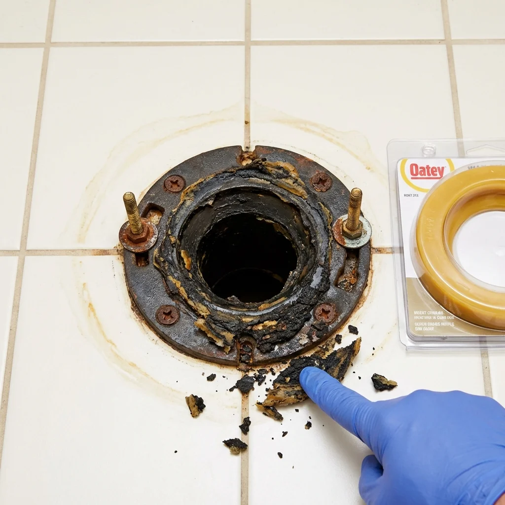 Failed wax ring showing water seepage at the base of a toilet in a Brockway, PA home