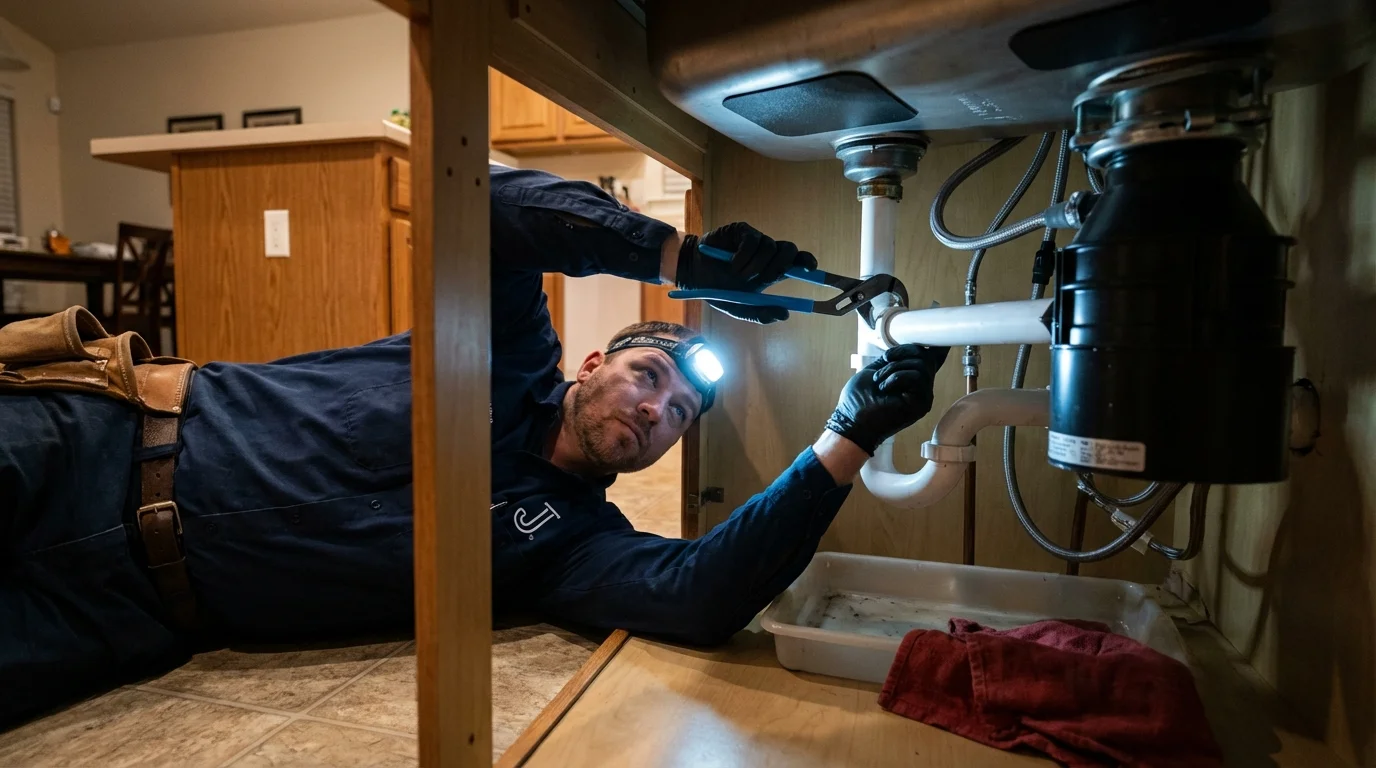 P-trap and supply line connections under a kitchen sink showing a common leak point in Brockway, PA